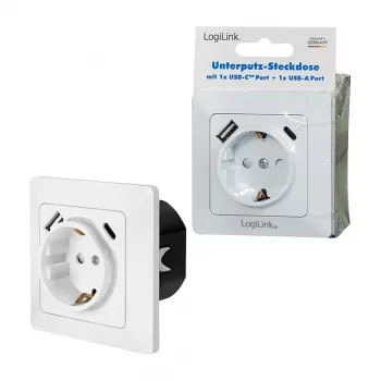 LOGILINK PA0253 Sieninis lizdas su 1 Schuko rozete, 1 USB-A ir 1 USB-C įkrovimo prievadu, 3.1A, baltas
