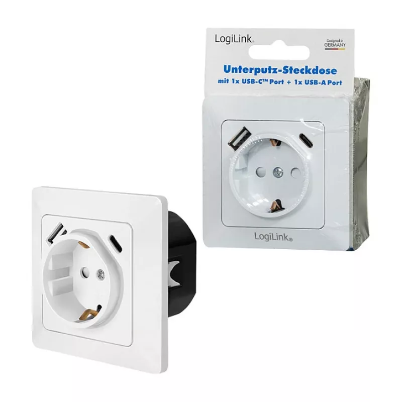 LOGILINK PA0253 Sieninis lizdas su 1 Schuko rozete, 1 USB-A ir 1 USB-C įkrovimo prievadu, 3.1A, baltas
