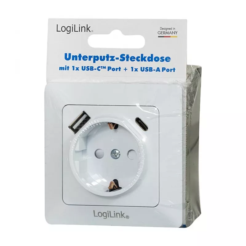 LOGILINK PA0253 Sieninis lizdas su 1 Schuko rozete, 1 USB-A ir 1 USB-C įkrovimo prievadu, 3.1A, baltas