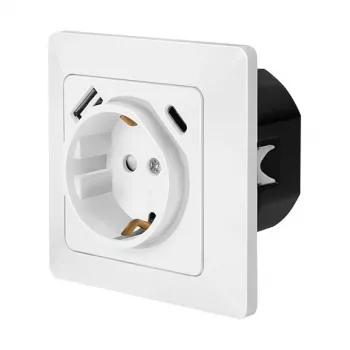 LOGILINK PA0253 Sieninis lizdas su 1 Schuko rozete, 1 USB-A ir 1 USB-C įkrovimo prievadu, 3.1A, baltas
