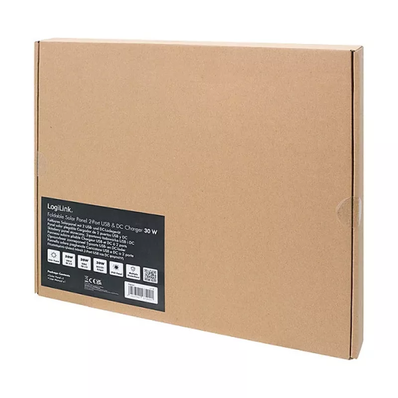 LOGILINK PA0341 Sulankstoma saulės baterija - 30W, USB-C ir USB-A bei nuolatinės srovės išėjimas, monokristalinė, IPX4 atspari purslams