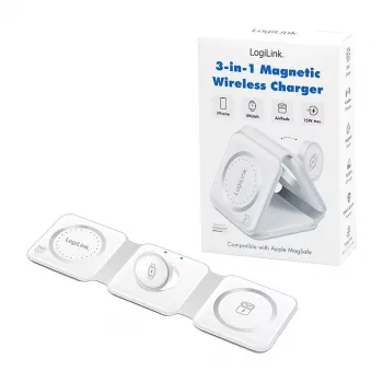 LOGILINK PA0344 Magnetinis belaidis įkroviklis 3-in-1, skirtas „Apple“ įrenginiams, baltas, sulankstomas, MagSafe, 15W
