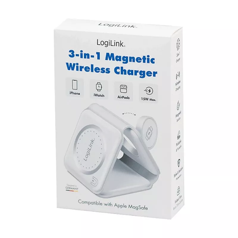 LOGILINK PA0344 Magnetinis belaidis įkroviklis 3-in-1, skirtas „Apple“ įrenginiams, baltas, sulankstomas, MagSafe, 15W
