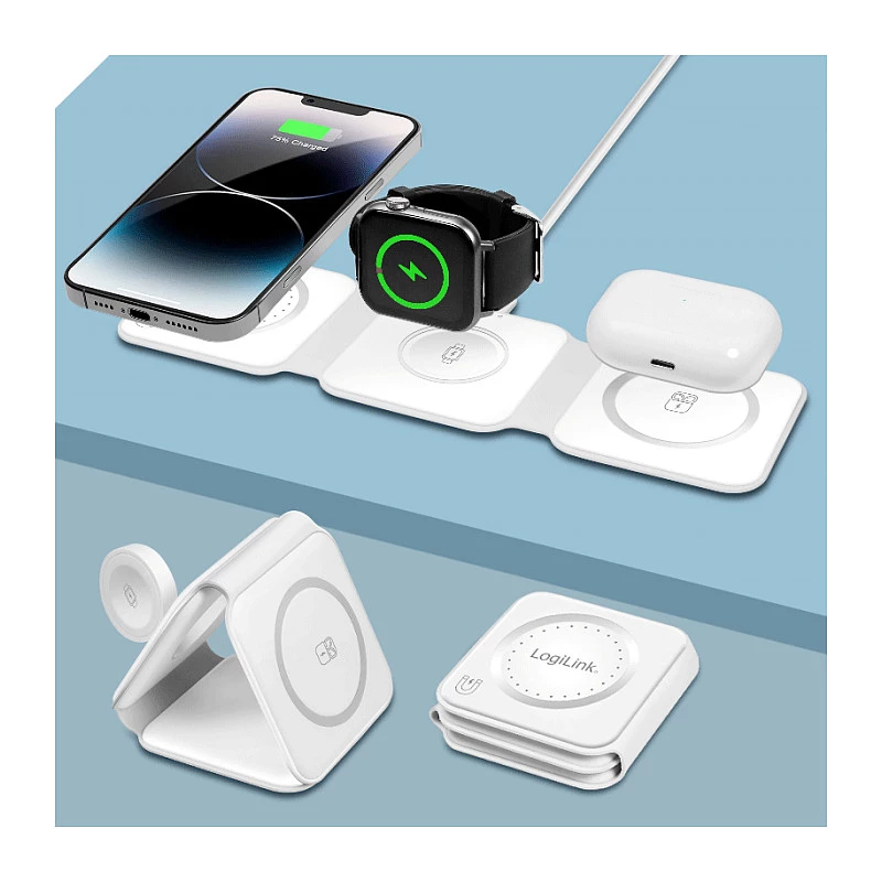 LOGILINK PA0344 Magnetinis belaidis įkroviklis 3-in-1, skirtas „Apple“ įrenginiams, baltas, sulankstomas, MagSafe, 15W