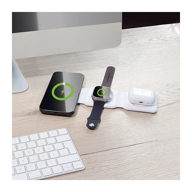LOGILINK PA0344 Magnetinis belaidis įkroviklis 3-in-1, skirtas „Apple“ įrenginiams, baltas, sulankstomas, MagSafe, 15W