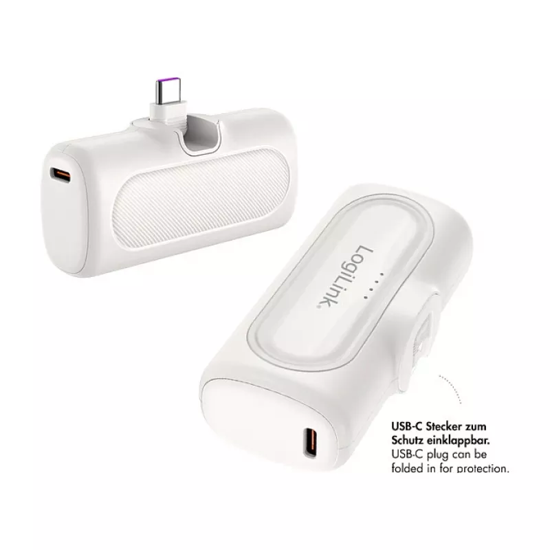 LogiLink PA0349W mobilusis maitinimo bankas, 5000 mAh, LiPo, įmontuota sulankstoma USB-C jungtis ir USB-C prievadas, baltas