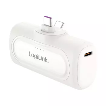 LogiLink PA0349W mobilusis maitinimo bankas, 5000 mAh, LiPo, įmontuota sulankstoma USB-C jungtis ir USB-C prievadas, baltas