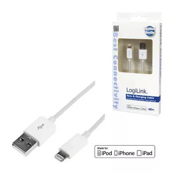 Logilink UA0199 Lightning laidas, MFi sertifikuotas, USB-A į Lightning 8 kontaktų, baltas, 1 m (greitas įkrovimas ir sinchronizavimas)