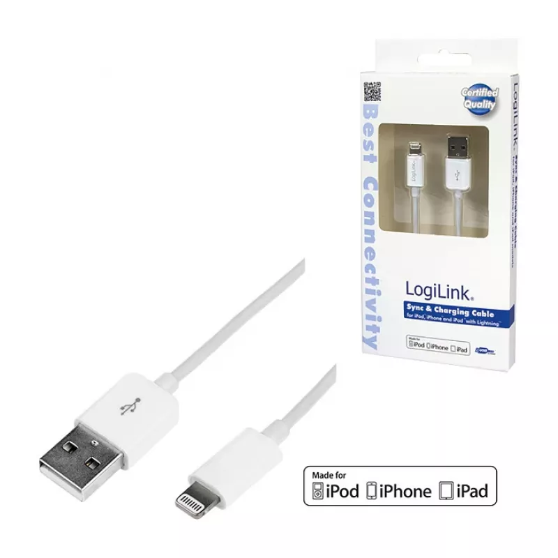 Logilink UA0199 Lightning laidas, MFi sertifikuotas, USB-A į Lightning 8 kontaktų, baltas, 1 m (greitas įkrovimas ir sinchronizavimas)