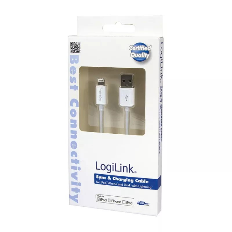 Logilink UA0199 Lightning laidas, MFi sertifikuotas, USB-A į Lightning 8 kontaktų, baltas, 1 m (greitas įkrovimas ir sinchronizavimas)