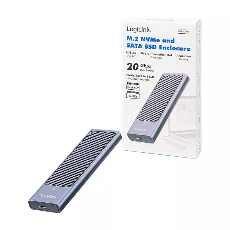 LogiLink UA0435 USB 3.2 Gen 2x2 SSD korpusas, M.2 NVMe/SATA, USB-C, 20 Gbps, pilka
