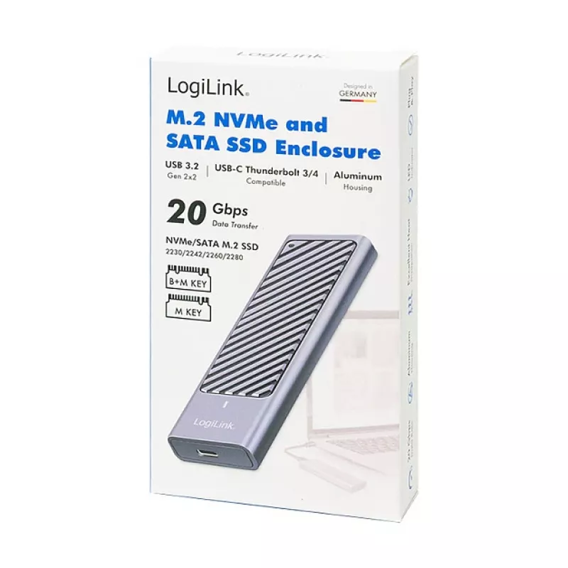 LogiLink UA0435 USB 3.2 Gen 2x2 SSD korpusas, M.2 NVMe/SATA, USB-C, 20 Gbps, pilka