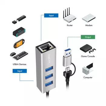 Logilink UA0440 USB 3.2 Gen 1 3 prievadų šakotuvas su Gigabit Ethernet adapteriu, USB-C ir USB-A jungtimi, aliuminis