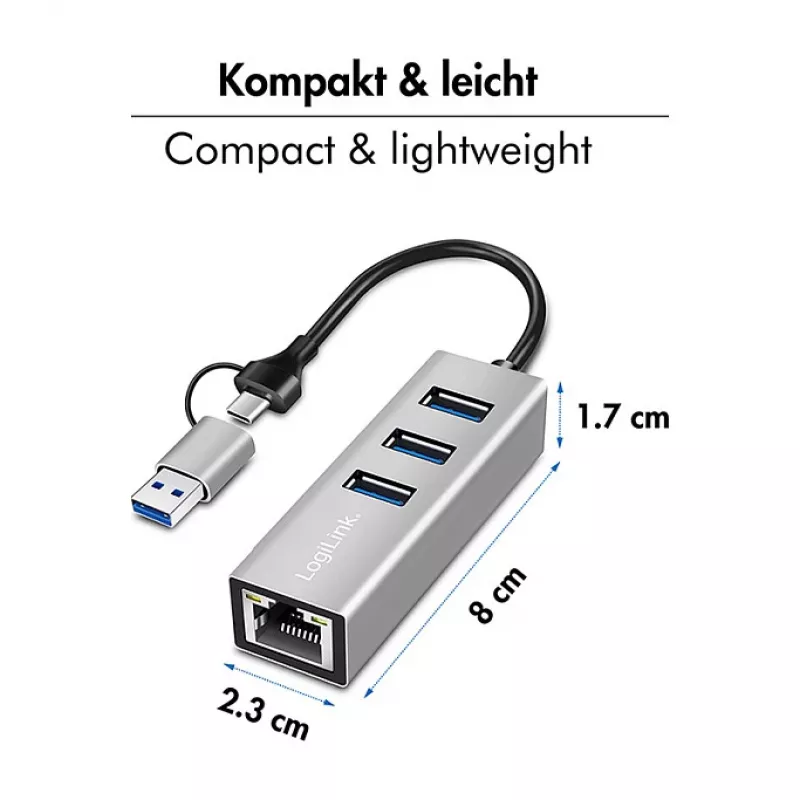 Logilink UA0440 USB 3.2 Gen 1 3 prievadų šakotuvas su Gigabit Ethernet adapteriu, USB-C ir USB-A jungtimi, aliuminis
