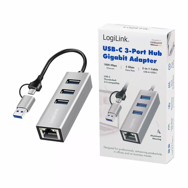 Logilink UA0440 USB 3.2 Gen 1 3 prievadų šakotuvas su Gigabit Ethernet adapteriu, USB-C ir USB-A jungtimi, aliuminis