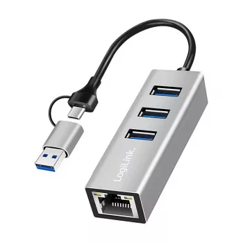Logilink UA0440 USB 3.2 Gen 1 3 prievadų šakotuvas su Gigabit Ethernet adapteriu, USB-C ir USB-A jungtimi, aliuminis