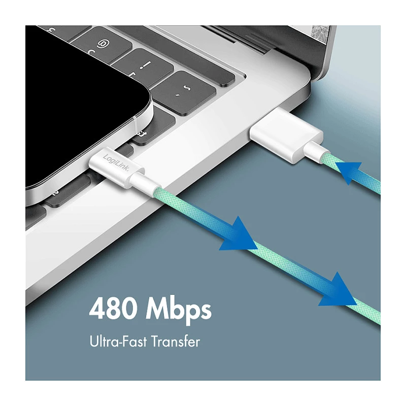 LogiLink USB 2.0 Type-C laidas, A/M į C/M, 480 Mbps, 60W, nailonas, žalias, 0,5 m
