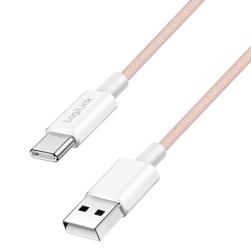 LogiLink CU0324 USB 2.0 Type-C laidas, A/M į C/M, 480 Mbps, 60W, nailonas, rožinis, 1 m