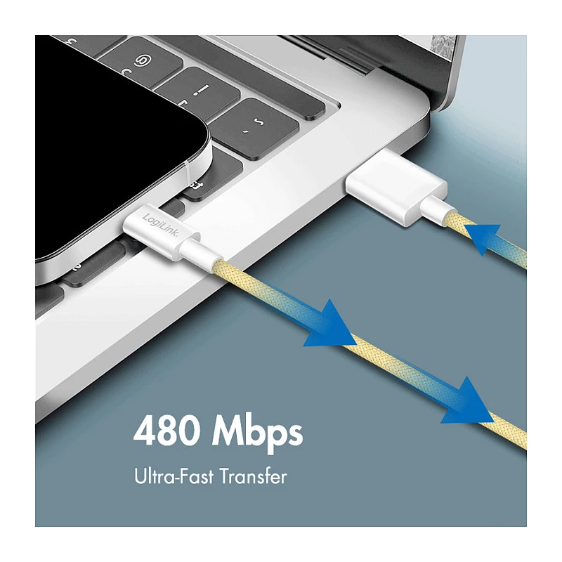 LogiLink USB 2.0 Type-C laidas, USB-A kištukas į USB-C kištuką, 480 Mbps, 60W Power Delivery, nailono pynė, geltona, 1 m