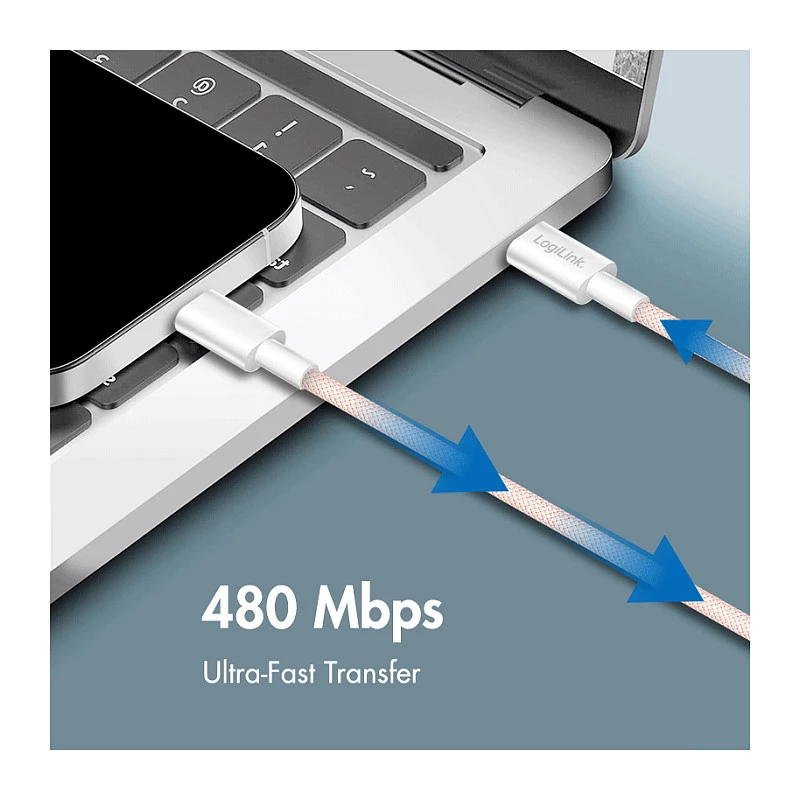 LogiLink USB 2.0 Type-C į Type-C laidas, 1 m, 60W Power Delivery, pintas nailonas, rožinė