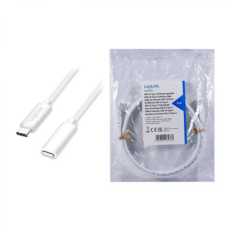 Logilink USB 2.0 USB-C ilginamasis laidas (kištukas į lizdą) – 100W PD, 480 Mbps, baltas, 2m