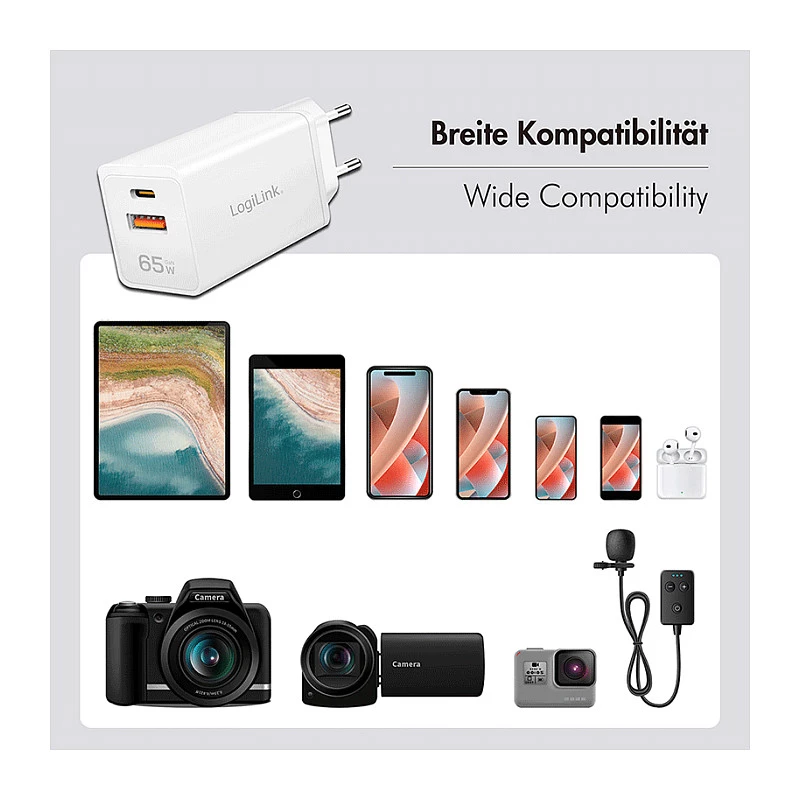 Logilink USB-A/C įkroviklis 65 W GaN, 1x USB-A (QC), 1x USB-C (PD), baltas