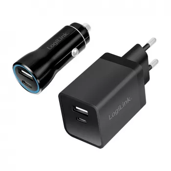 Logilink USB-A/C įkrovimo rinkinys, 15 W, po 1x USB-A, 1x USB-C, juodos spalvos