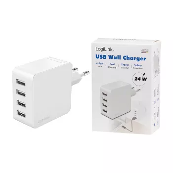 Logilink USB-A įkroviklis, 24 W, 4 prievadai, 4x USB-A, baltas