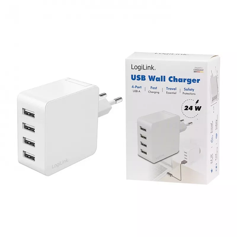 Logilink USB-A įkroviklis, 24 W, 4 prievadai, 4x USB-A, baltas