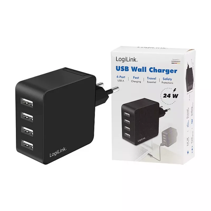 LogiLink USB-A sieninis įkroviklis, 24W, 4 prievadai, 4x USB-A, juodas