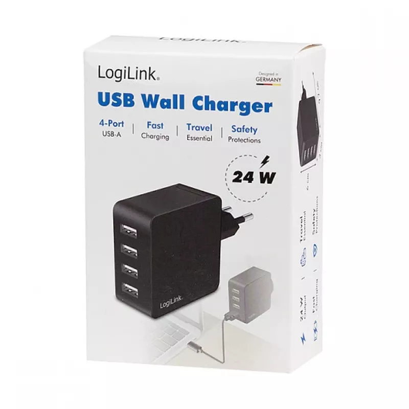 LogiLink USB-A sieninis įkroviklis, 24W, 4 prievadai, 4x USB-A, juodas