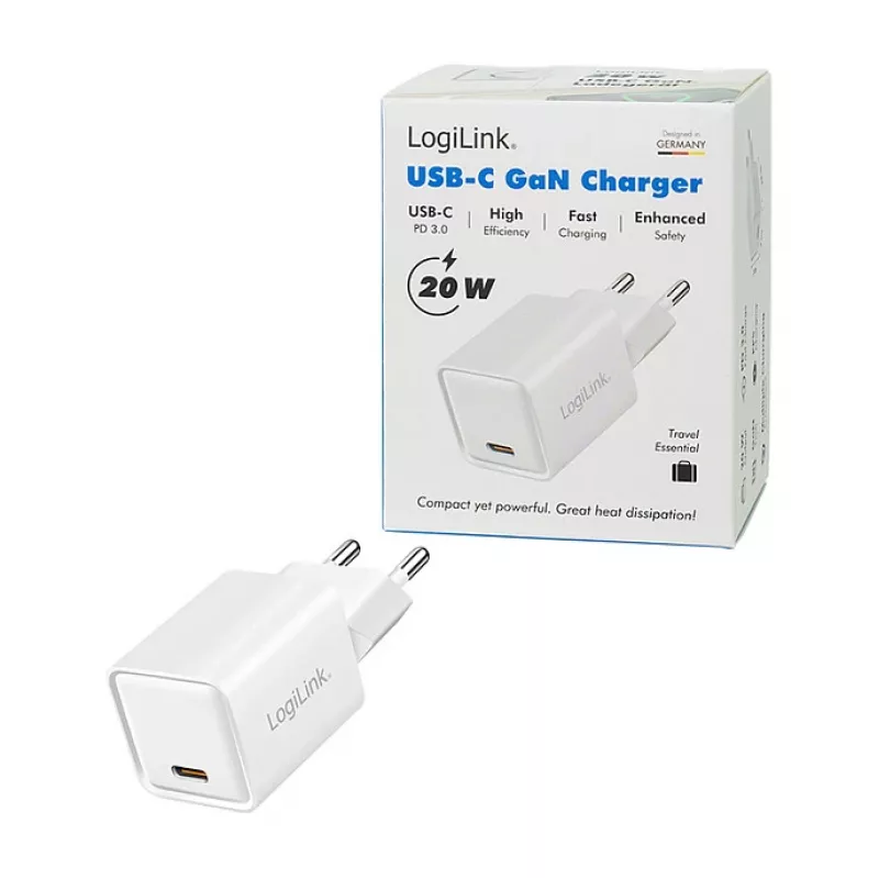LogiLink USB-C įkroviklis 20W GaN, 1 prievadas, USB Power Delivery, baltas