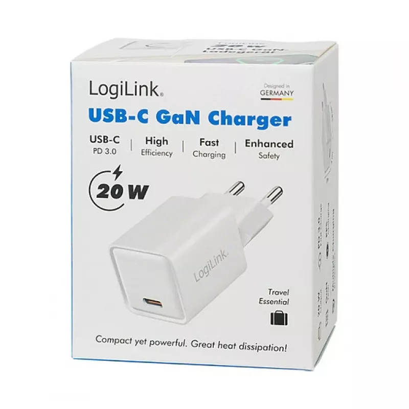 LogiLink USB-C įkroviklis 20W GaN, 1 prievadas, USB Power Delivery, baltas