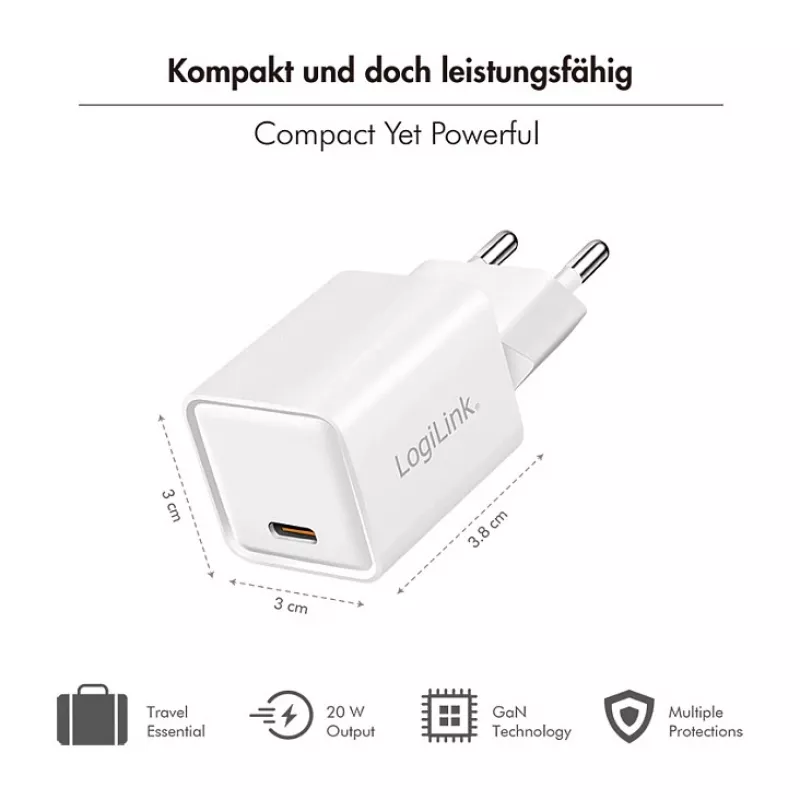 LogiLink USB-C įkroviklis 20W GaN, 1 prievadas, USB Power Delivery, baltas