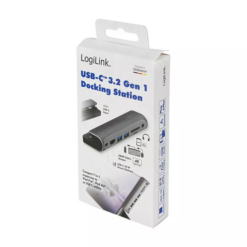 LOGILINK USB-C Dockinė stotis, 7 prievadų, USB 3.2 Gen1, 100W PD, 4K HDMI, iPad, aliuminio (UA0385)