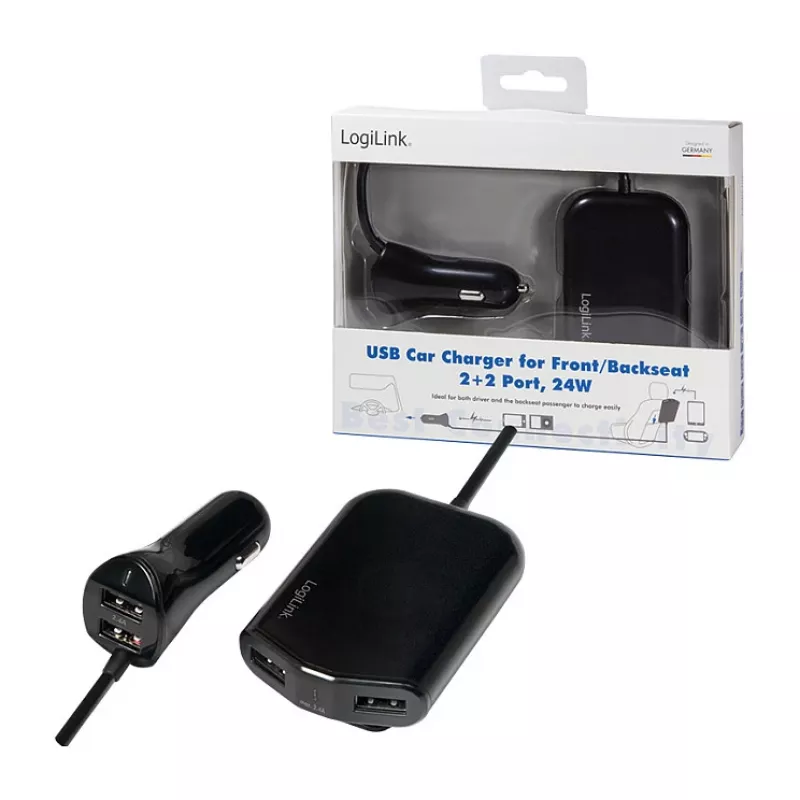 Logilink USB automobilinis įkroviklis, 2+2 prievadai, 24W, juodas