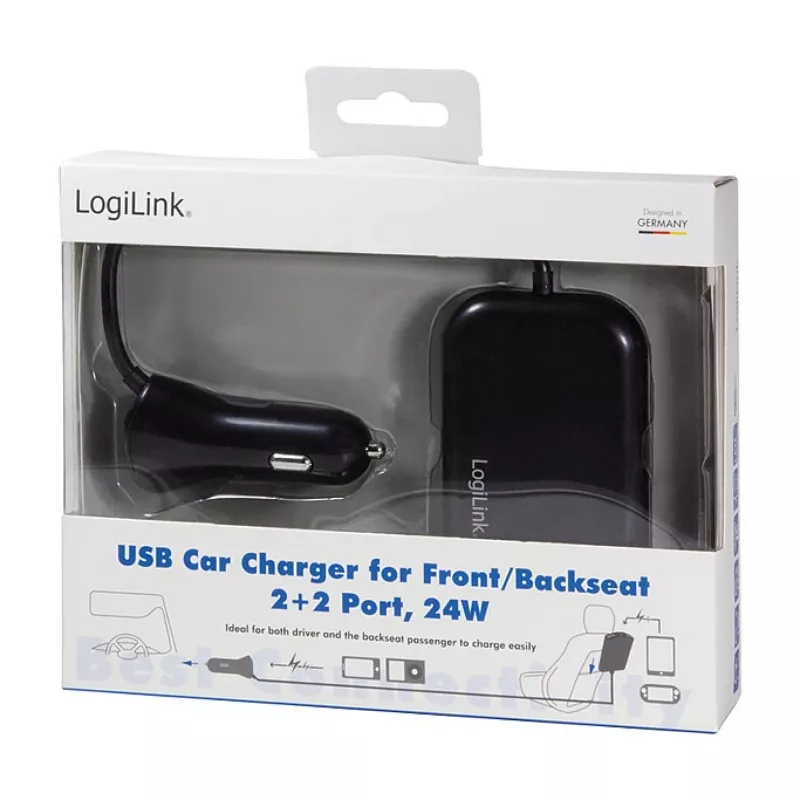 Logilink USB automobilinis įkroviklis, 2+2 prievadai, 24W, juodas