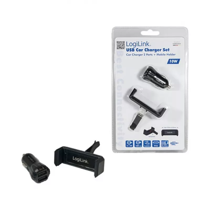 LogiLink USB automobilinis įkroviklio rinkinys, 2 prievadų įkroviklis + laikiklis