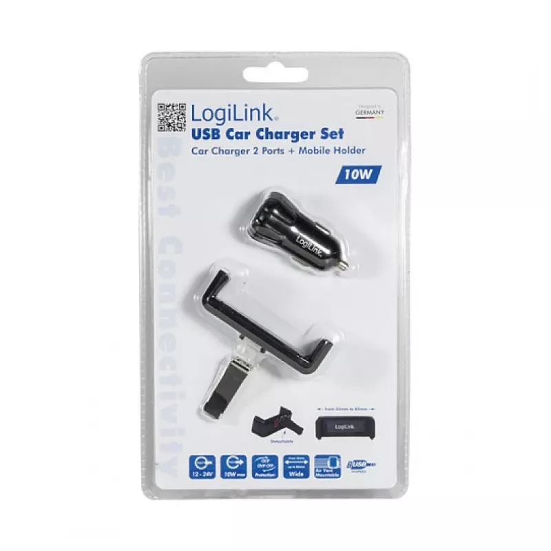 LogiLink USB automobilinis įkroviklio rinkinys, 2 prievadų įkroviklis + laikiklis