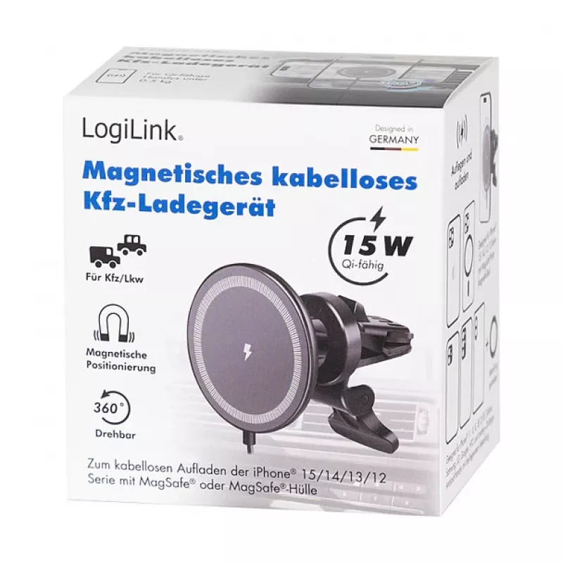 LogiLink belaidis automobilinis įkroviklis su išmaniojo telefono laikikliu 15W, apvalios formos, Qi, automatinis fiksavimas, ventiliacijos angos ir siurbtukas, juodos spalvos