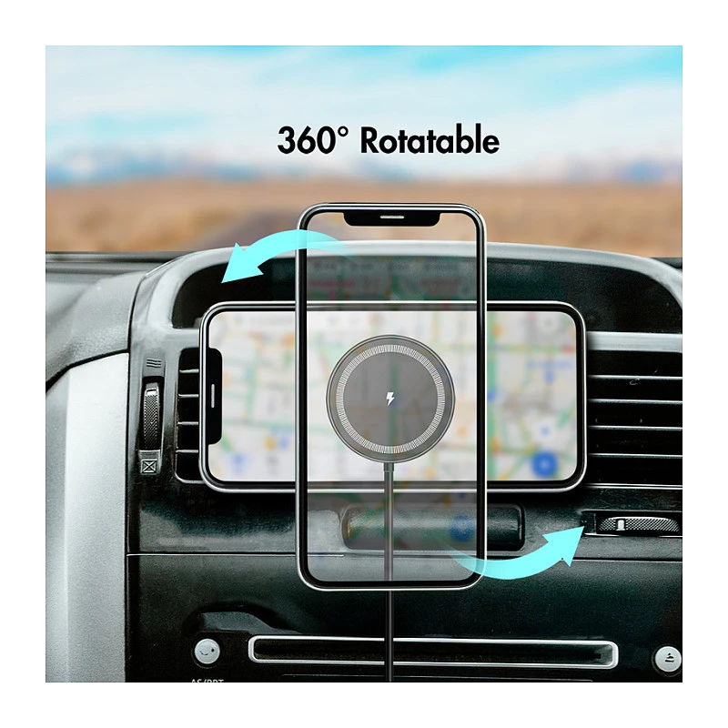 LogiLink belaidis automobilinis įkroviklis su išmaniojo telefono laikikliu 15W, apvalios formos, Qi, automatinis fiksavimas, ventiliacijos angos ir siurbtukas, juodos spalvos