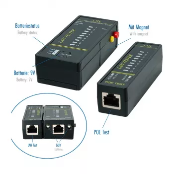 LOGILINK WZ0080 LAN kabelių testeris ir PoE ieškiklis su magnetu, žibintuvėliu, apšviestu LCD, 300 m atstumu