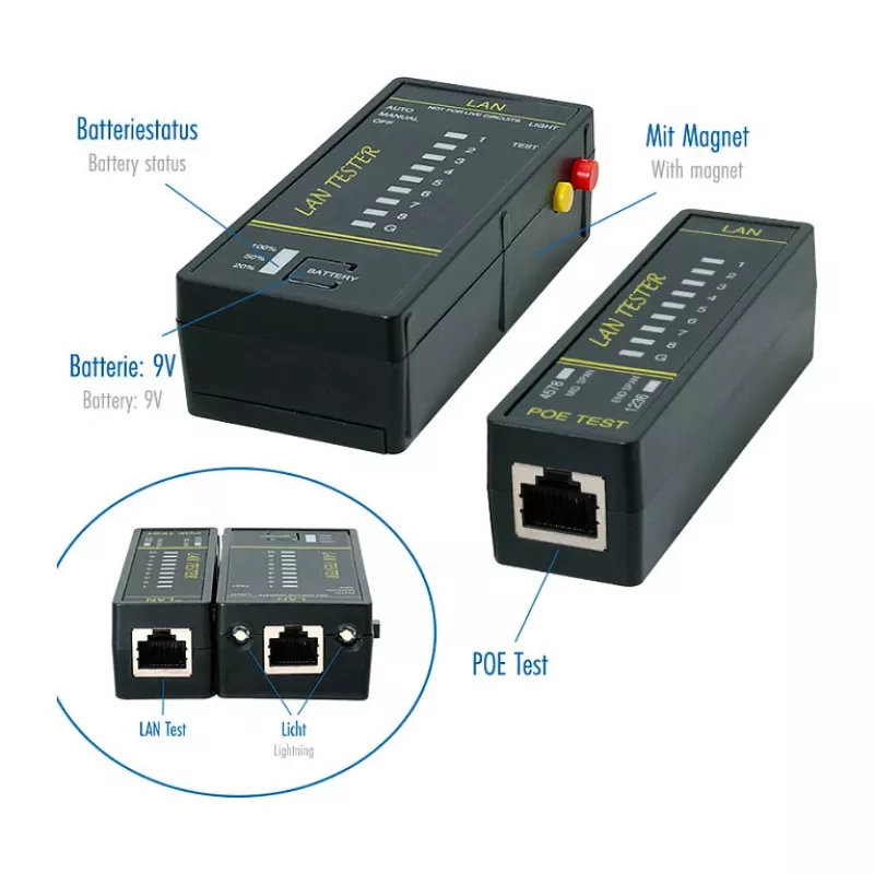 LOGILINK WZ0080 LAN kabelių testeris ir PoE ieškiklis su magnetu, žibintuvėliu, apšviestu LCD, 300 m atstumu