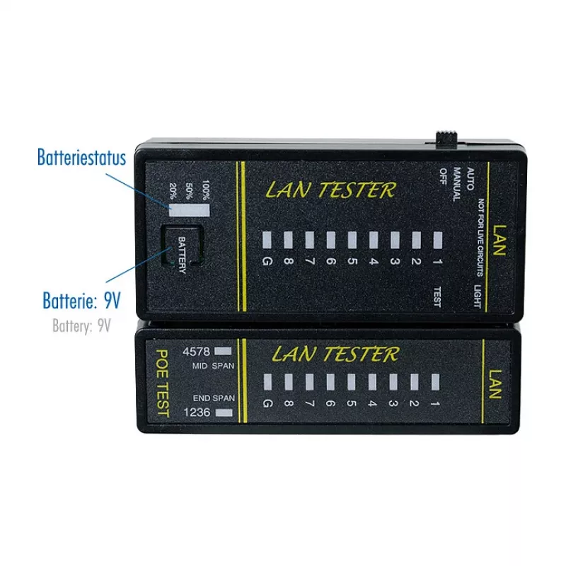 LOGILINK WZ0080 LAN kabelių testeris ir PoE ieškiklis su magnetu, žibintuvėliu, apšviestu LCD, 300 m atstumu