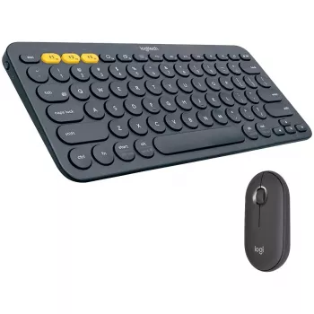 Logitech Pebble 2 Combo Tonal Graphite belaidis klaviatūros ir pelės rinkinys, AZERTY prancūziška išdėstymas, Bluetooth ir Logi Bolt USB imtuvas, tylūs paspaudimai, keli įrenginiai, perdirbtas plastikas