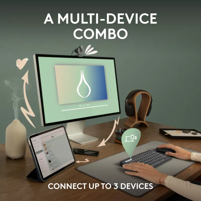 Logitech Pebble 2 Combo Tonal Graphite belaidis klaviatūros ir pelės rinkinys, AZERTY prancūziška išdėstymas, Bluetooth ir Logi Bolt USB imtuvas, tylūs paspaudimai, keli įrenginiai, perdirbtas plastikas