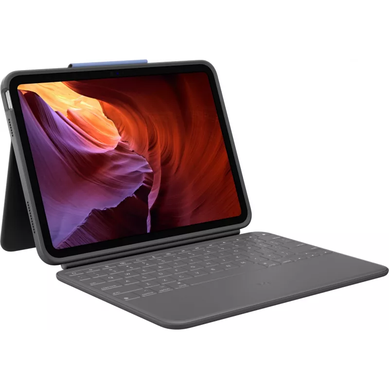 Logitech Rugged Folio su JAV tarptautine QWERTY klaviatūra, skirta Apple iPad 10 kartos (A2696) – Graphite, MIL-STD-810G apsauga nuo kritimo