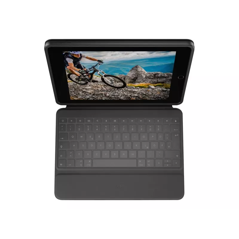 Logitech Rugged Folio su JAV tarptautine QWERTY klaviatūra, skirta Apple iPad 10 kartos (A2696) – Graphite, MIL-STD-810G apsauga nuo kritimo