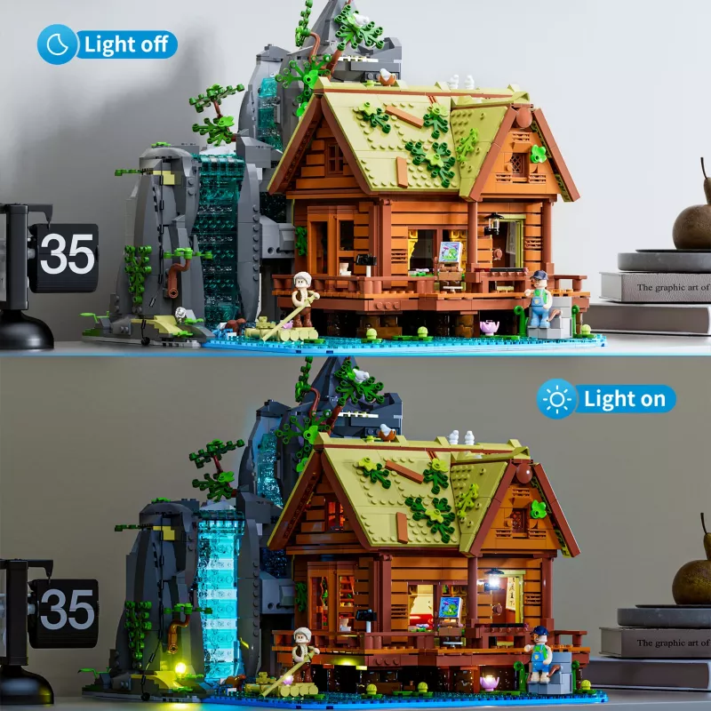 Lumibricks Waterfall Hut Statybiniai Blokeliai su LED Apšvietimu