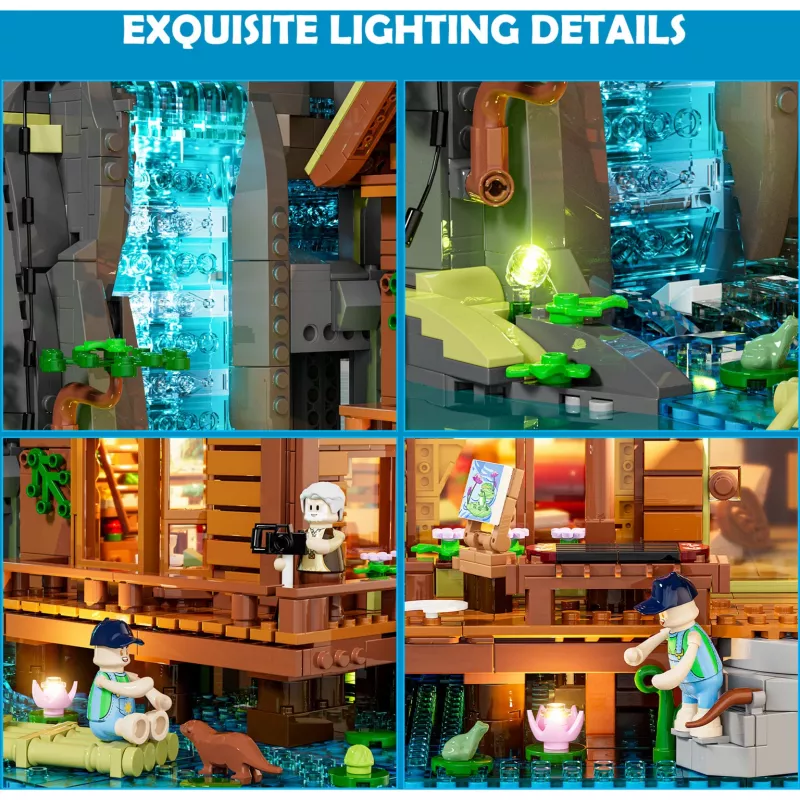 Lumibricks Waterfall Hut Statybiniai Blokeliai su LED Apšvietimu
